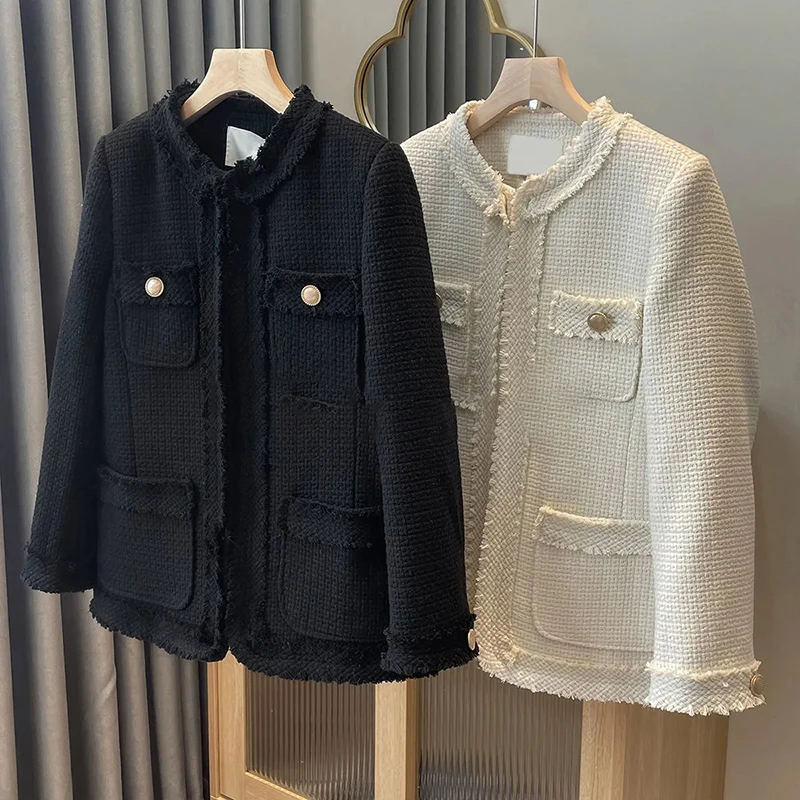 

Fashion Weave Short Jacket Women Chic Solid Color O-Neck Temperament Cropped Coat Spring Autumn Casual Black Beige Outerwear