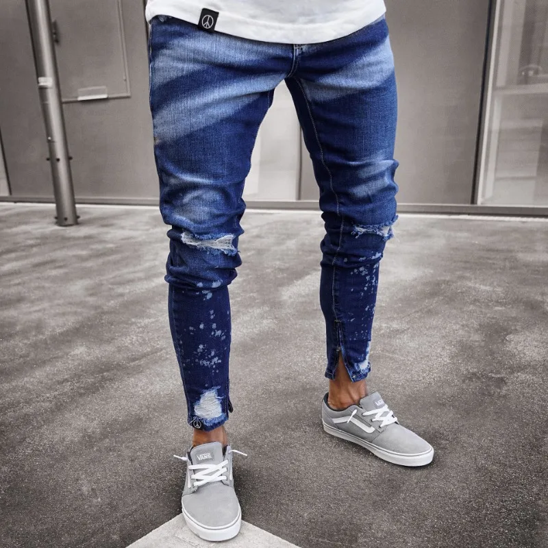 

European and American torn denim men's painted zipper personalized slim fitting ripped small leg jeans skinny jeans men