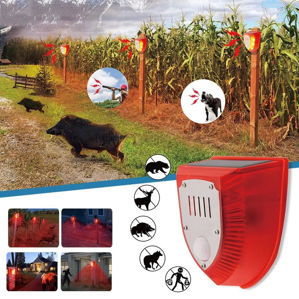 Solar Animal Repellent Motion Sensor Alarm Lamp Outdoor Solar Power Dog Barking Gunshots Waterproof Siren Repeller For Yard Farm