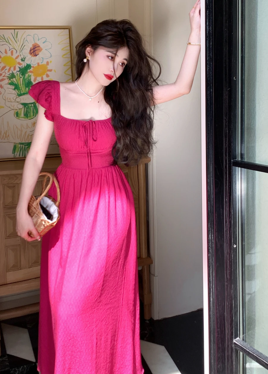 Elegant Vintage Midi Dresses for Women Summer New Square Collar High Waist Princess Party Dress Casual A-line Vestido Mujer