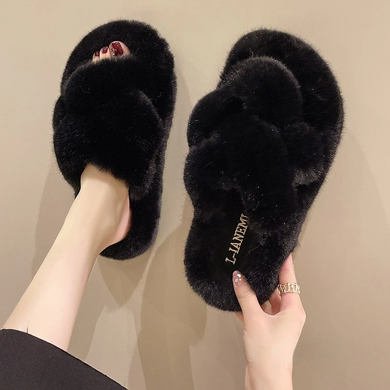 Women Fashion Warm Fluffy Slippers Cozy Faux Fur Cross Indoor Floor Slides Flat Soft Furry Ladies Female Celebrities Flip Flops