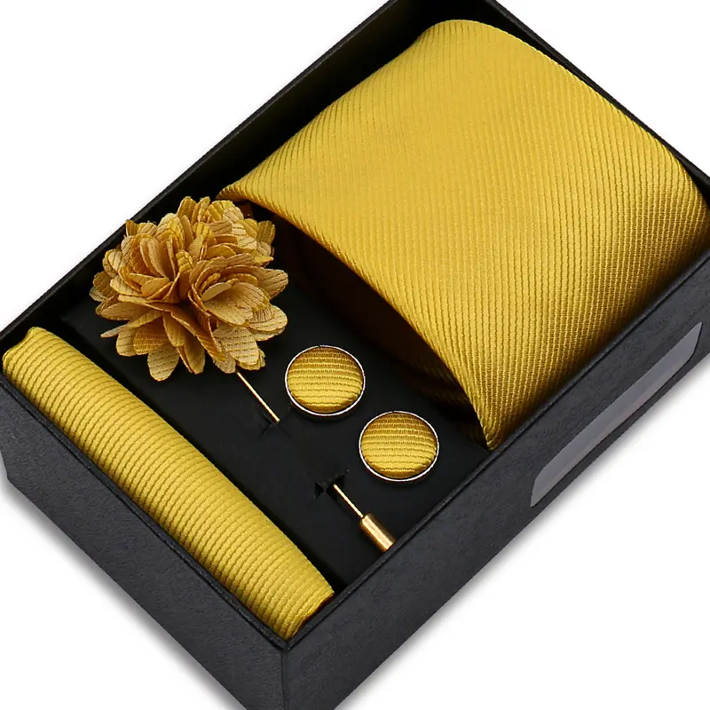 Top Quality Solid color Ties Hanky Cufflinks Brooch Set Elegant Jacquard Necktie For Men Business Wedding In Gift Box Gravatas - Image 25