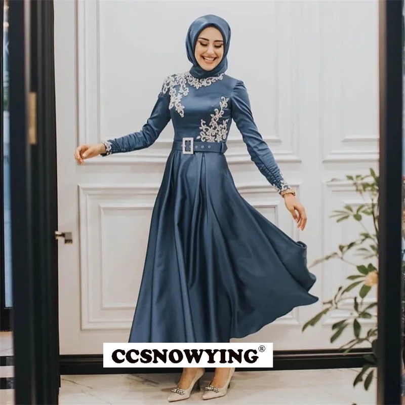 

Appliques Satin Muslim Evening Dress Long Sleeve High Neck Hijab Islamic Prom Formal Party Gown Arabic Dubai Robes De Soirée