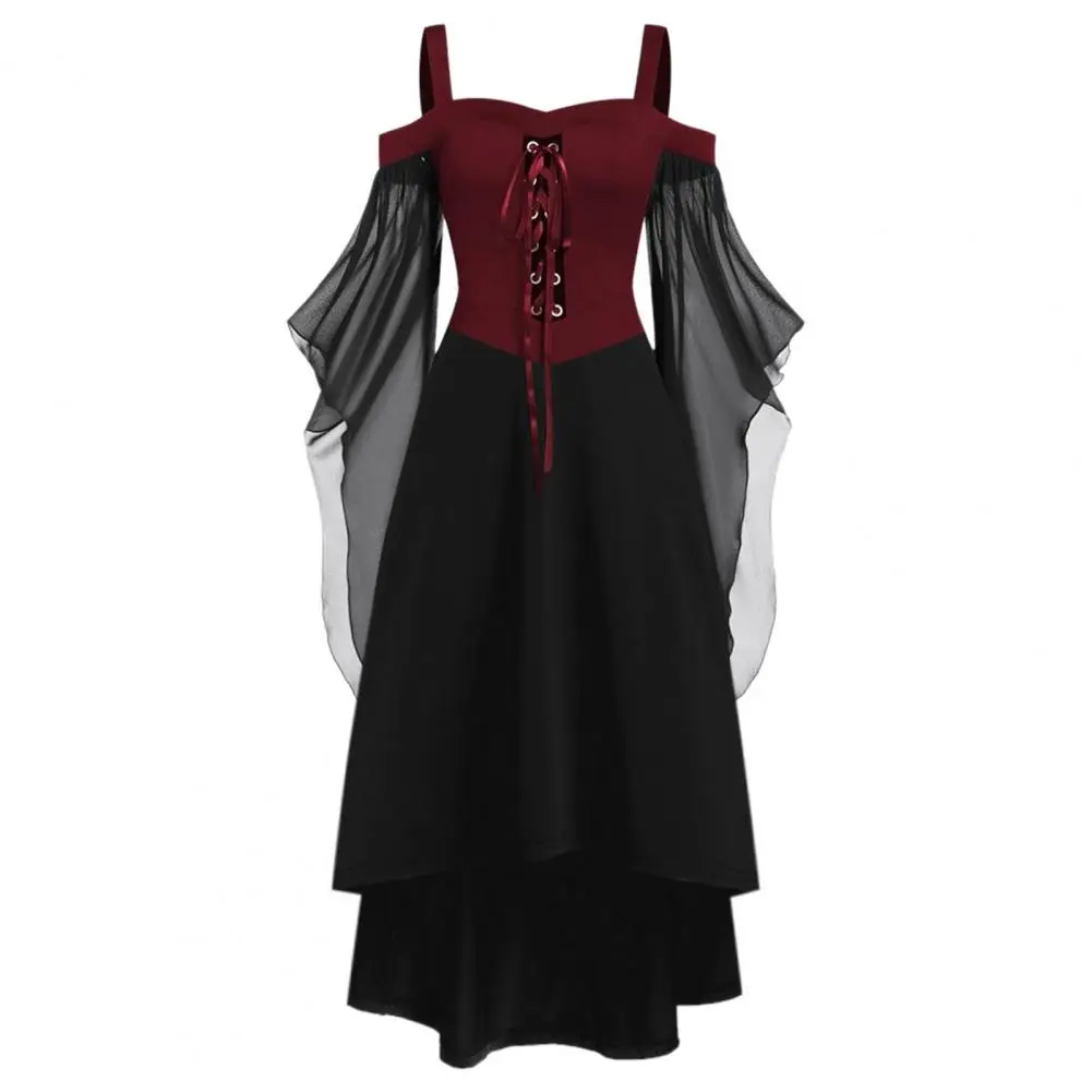 

Women's Dress Gothic Witch Halloween Costume with Lace-up Strap Collar Long Horn Sleeves Cosplay Dress for Party