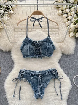 SINGREINY Retro Women Bikini Denim Suits Summer Halter Camis+ Mini Pant Lingerie Fashion Vacation Swimsuits Sexy Bra&Briefs Sets 1