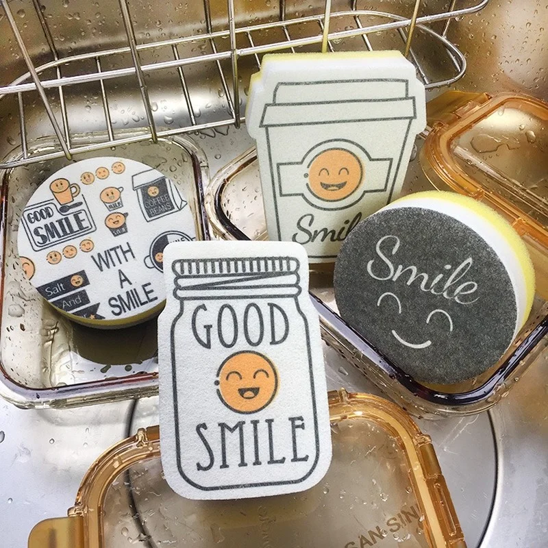 

Smile Face Cleaning Sponge Magic Decontamination Dish Washing Cloth Kitchen Cleaner Sponges Scouring Pads Kitchen Accessories
