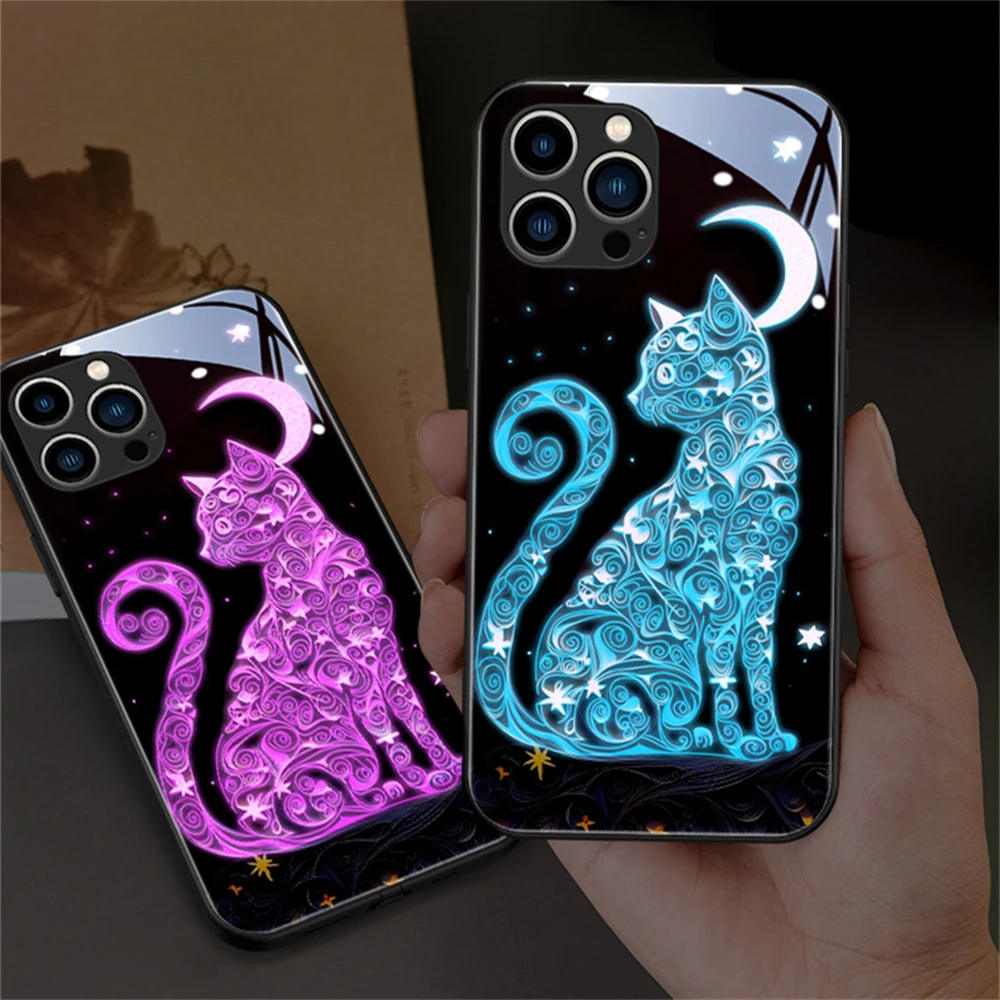 So Cute Cat Luminous Glass LED Call Light Up Flash Phone Case Cover For Samsung S24 S23 S22 S21 S20 FE Note 10 20 Plus Ultra A54
