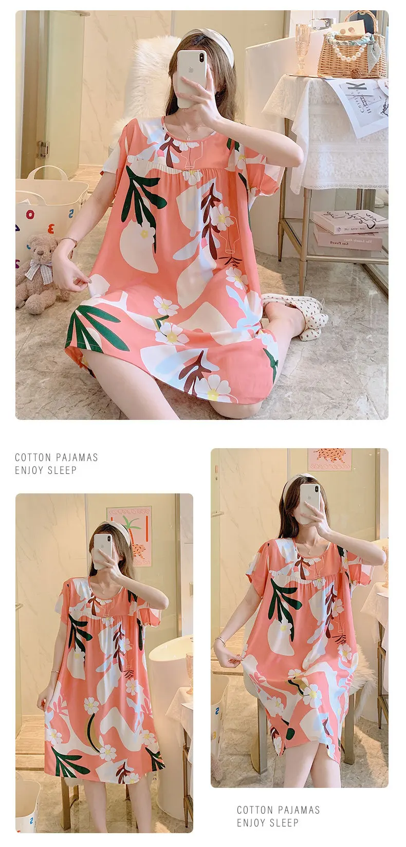 Summer Cotton Silk Nightgown Women's Home Wear Short-Sleeved Cartoon Print Pajamas Burst Large Size Spring and Autumn Home Wear