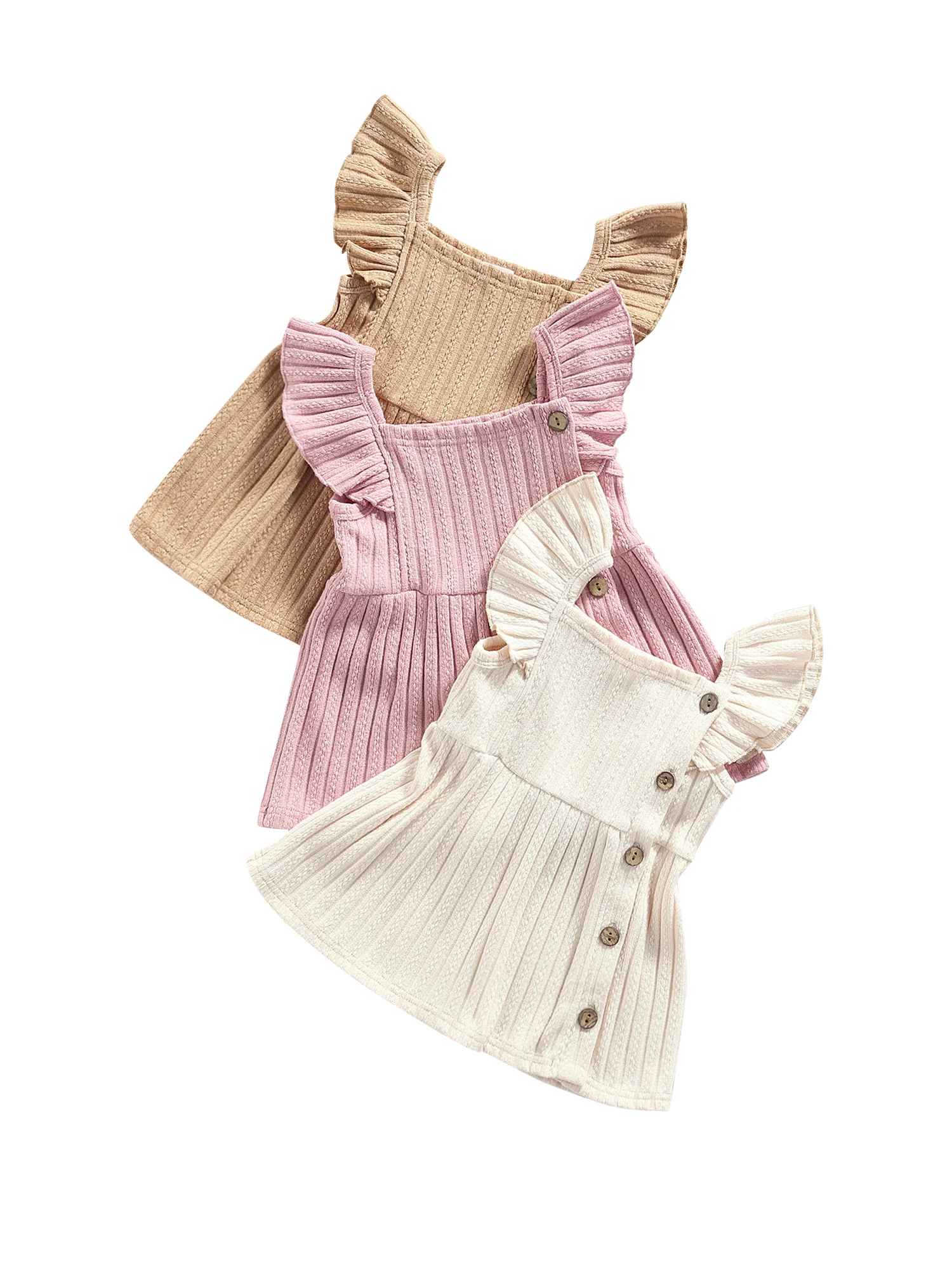 

Baby Girls Casual Princess Knitted Dress, Solid Color Square Collar Fly Sleeve Thick Ribbed Gown, Pink/ Beige/ Khaki 0-24M