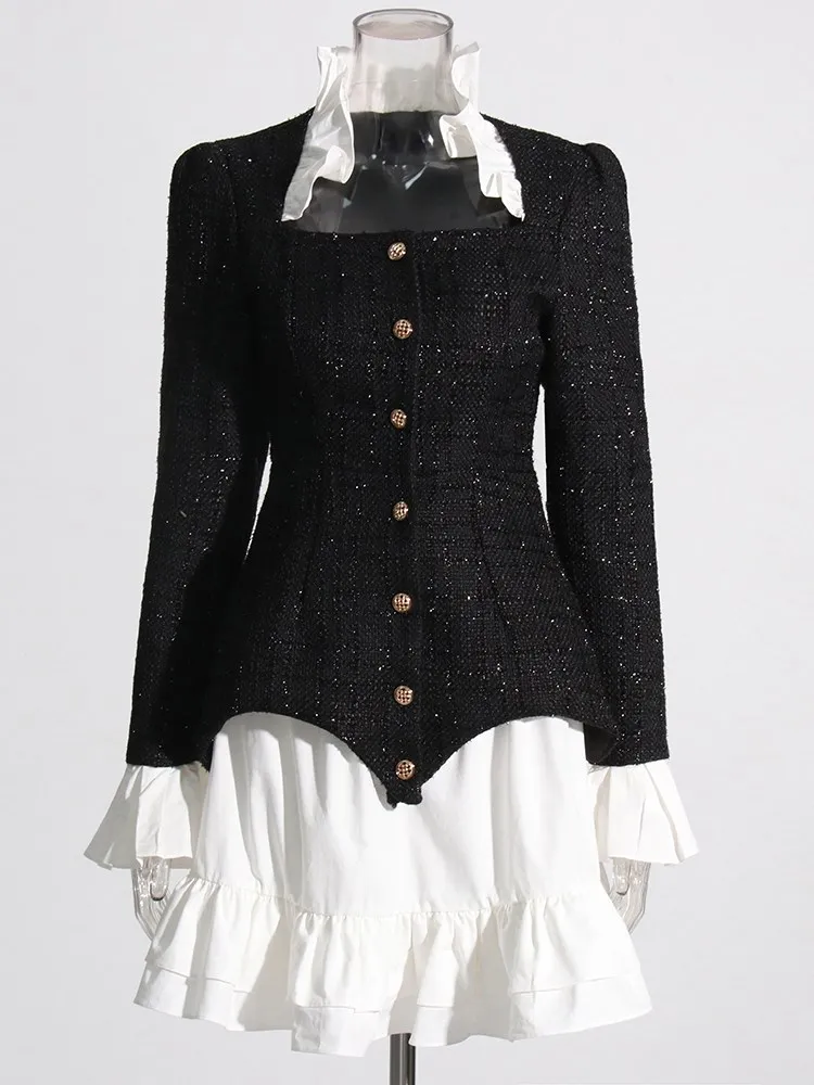 BPN Elegant Two Piece Sets For Women Square Collar Long Sleeve Tweed tops High Waist Mini Skirt slim Sets Female Fashion 2023