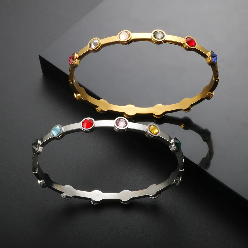 Rainbow Rhinestone Stainless Steel Bangle for Women 2023 New in Gold Plated Jewelry Luxury Gold Color Girlfriend Friend Gift 3