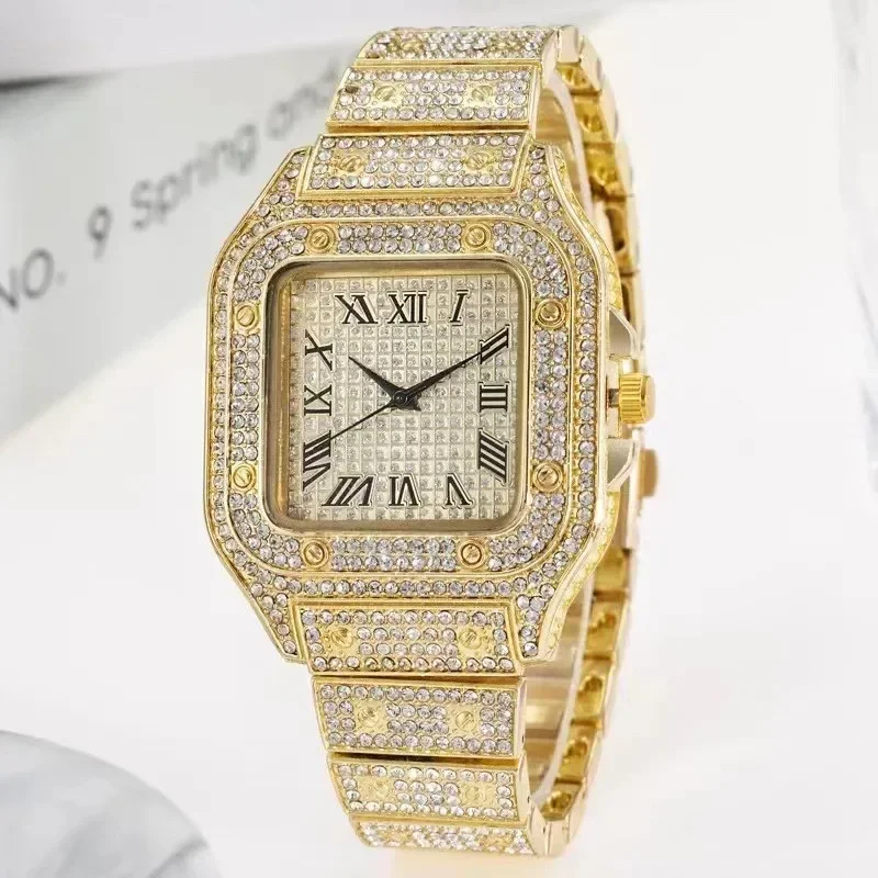Punk Men Women New Men's Watch Quartz Hip Hop Fashion Leisure Square Alloy Steel Band Diamond Gold Watch for Classmate Gift 5