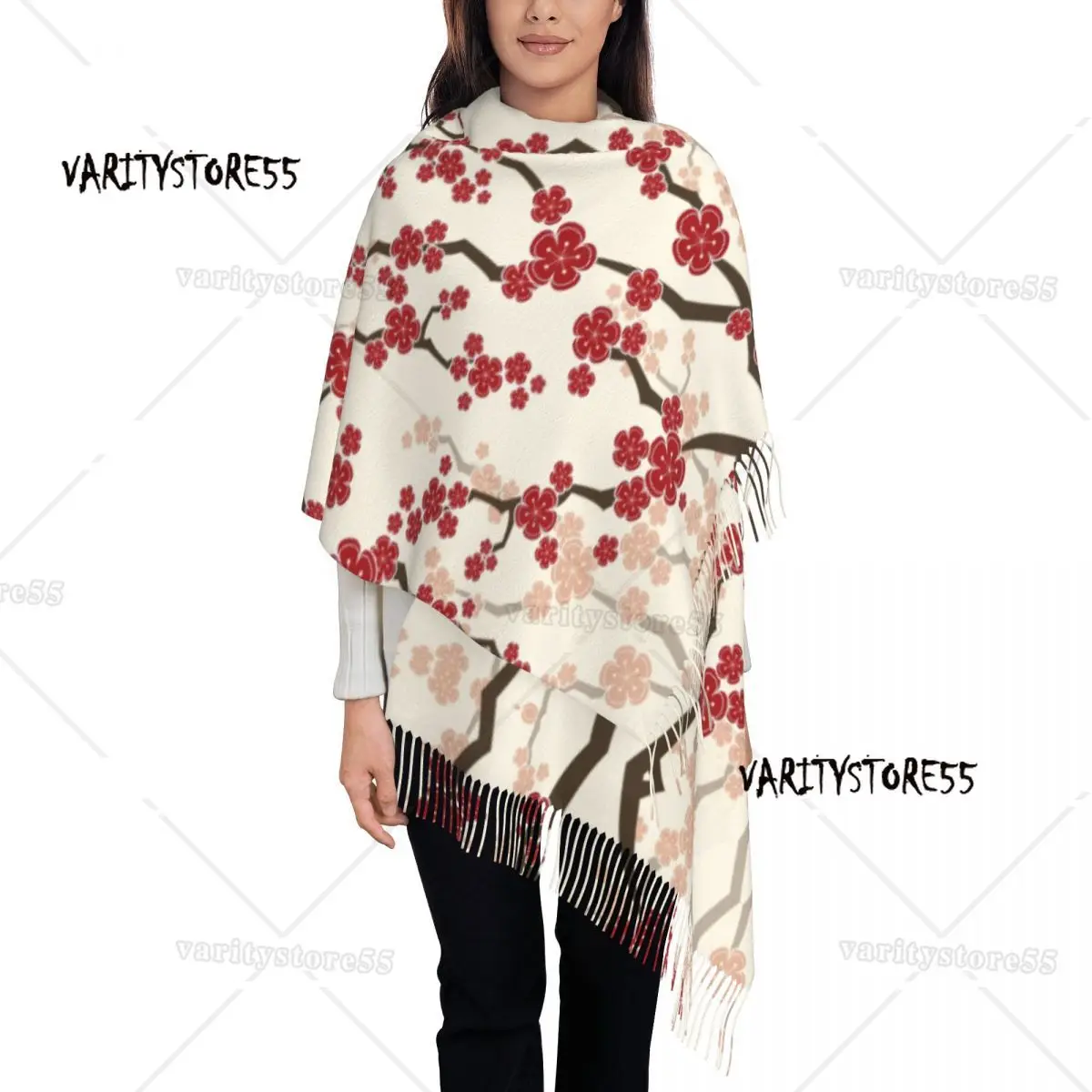 

Customized Printed Red Oriental Cherry Blossoms Scarf Men Women Winter Fall Warm Scarves Zen Japanese Sakura Flowers Shawl Wrap