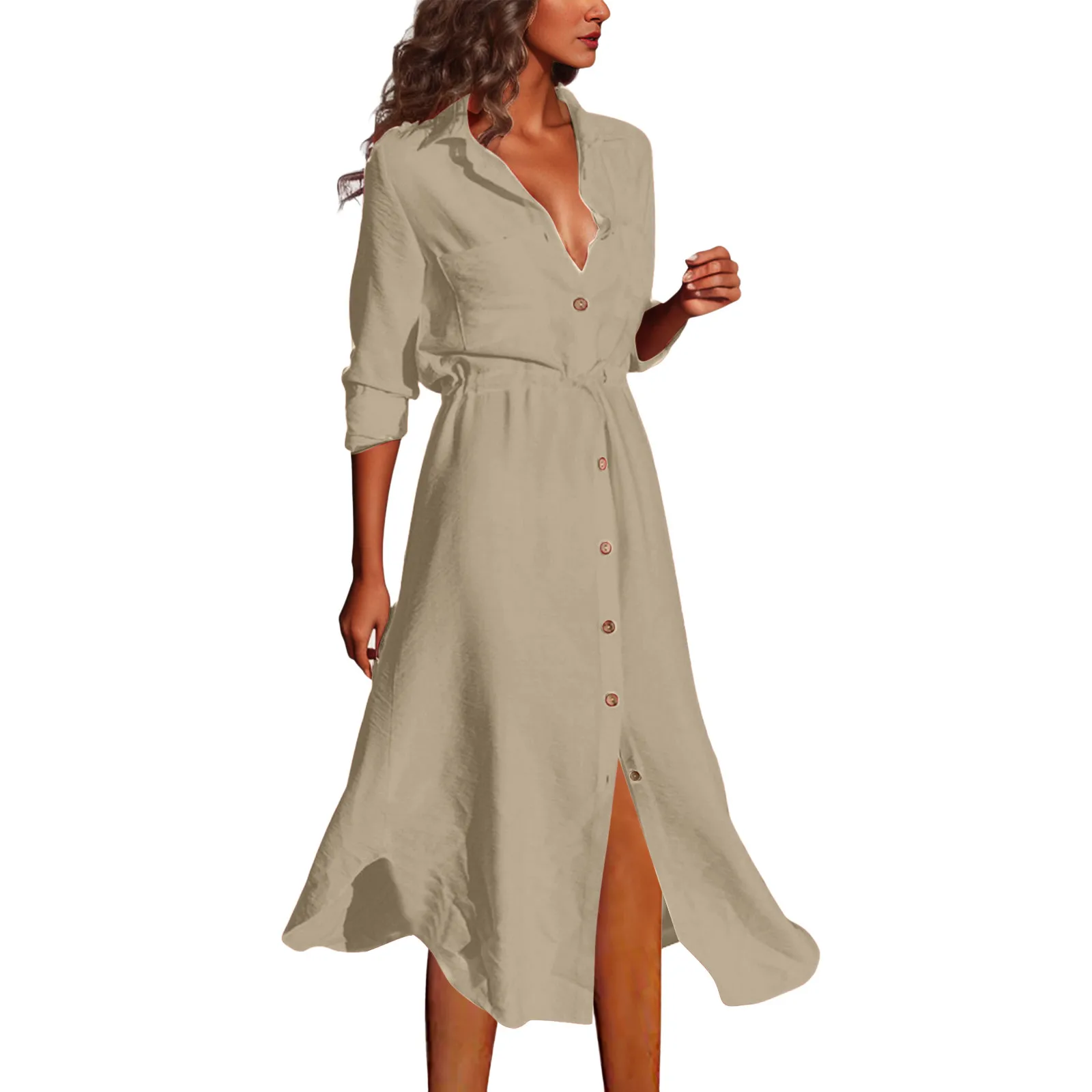

Lapel Shirt Dresses for Women Summer Belt Single Breasted Office Causal Dress Button Solid Color Full Sleeve Work Vestidos