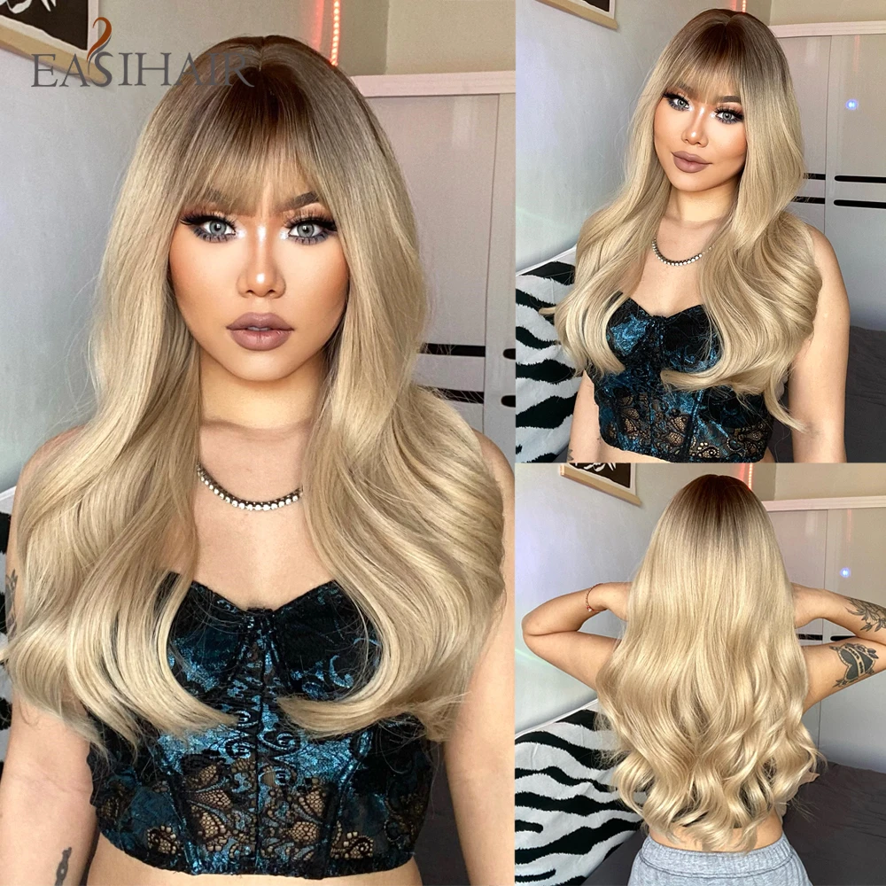 

EASIHAIR Long Natural Wavy Synthetic Wigs with Bangs Blonde Golden Daily Hair Wigs for Women Cosplay Heat Resistant Fake Hairs