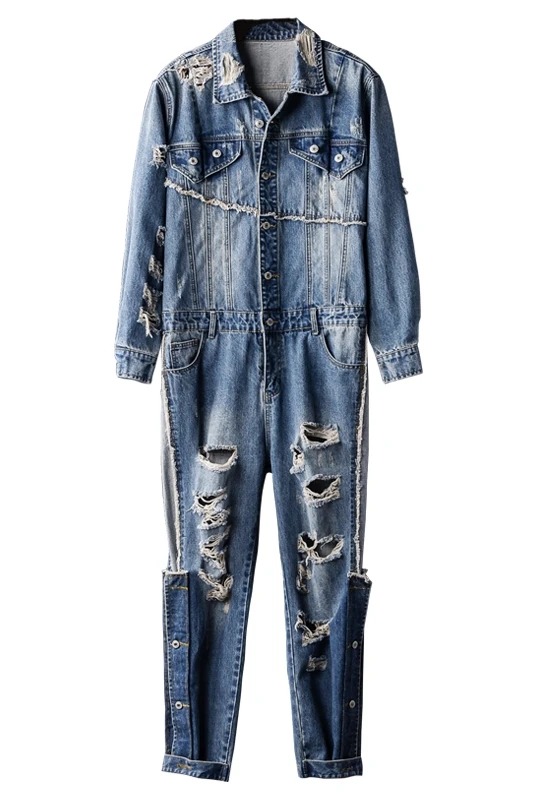 European and American personality fashion men's denim jumpsuit hip-hop men's ripped jeans performance clothes