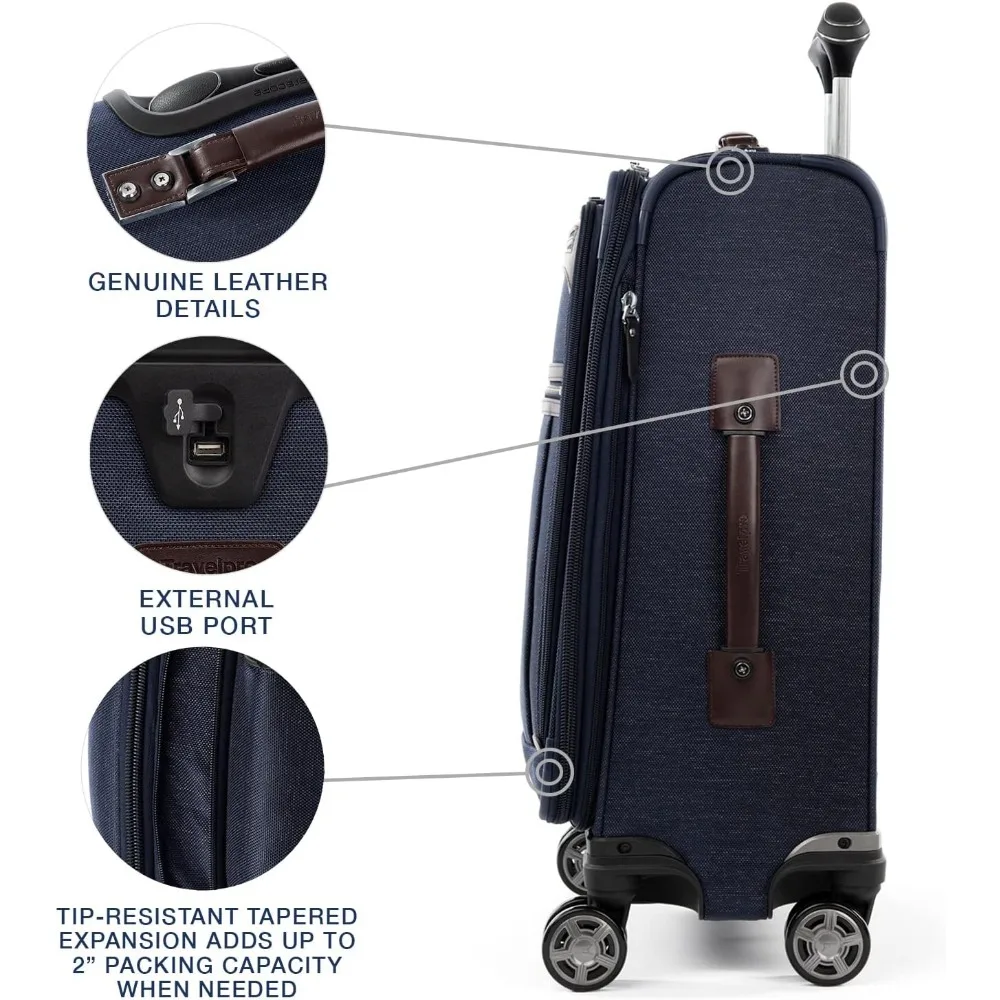 Platinum Elite Softside Expandable Carry on Luggage, 8 Wheel Spinner Suitcase, USB Port, Suiter, Men and Women, True Navy Blue 4