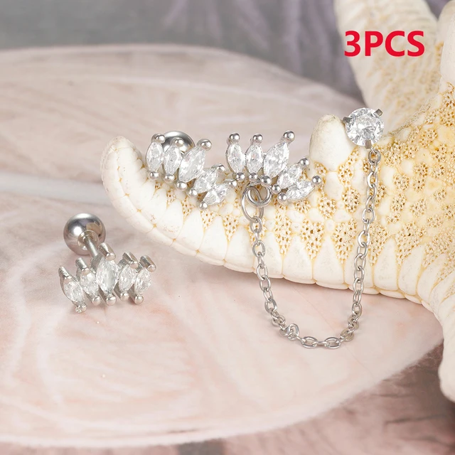 3 pièces en acier inoxydable couronne Double trou chaînes Cartilage Srecw dos boucles d'oreilles ensemble pour femmes oreille Helix Piercing bijoux