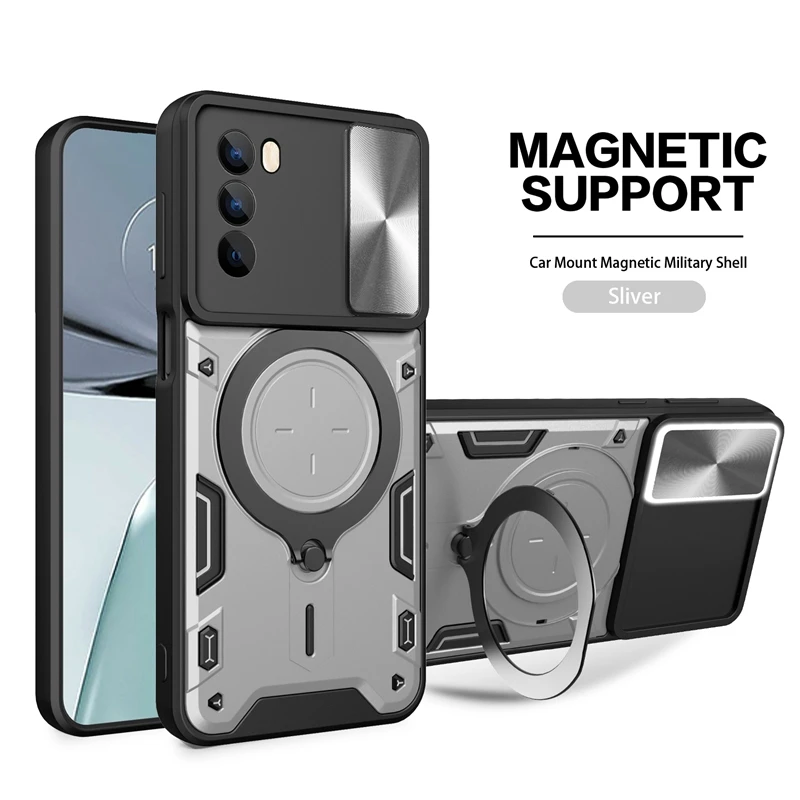 Magnetic Holder Ring Shockproof Armor Phone Case with Slide Camera Cover