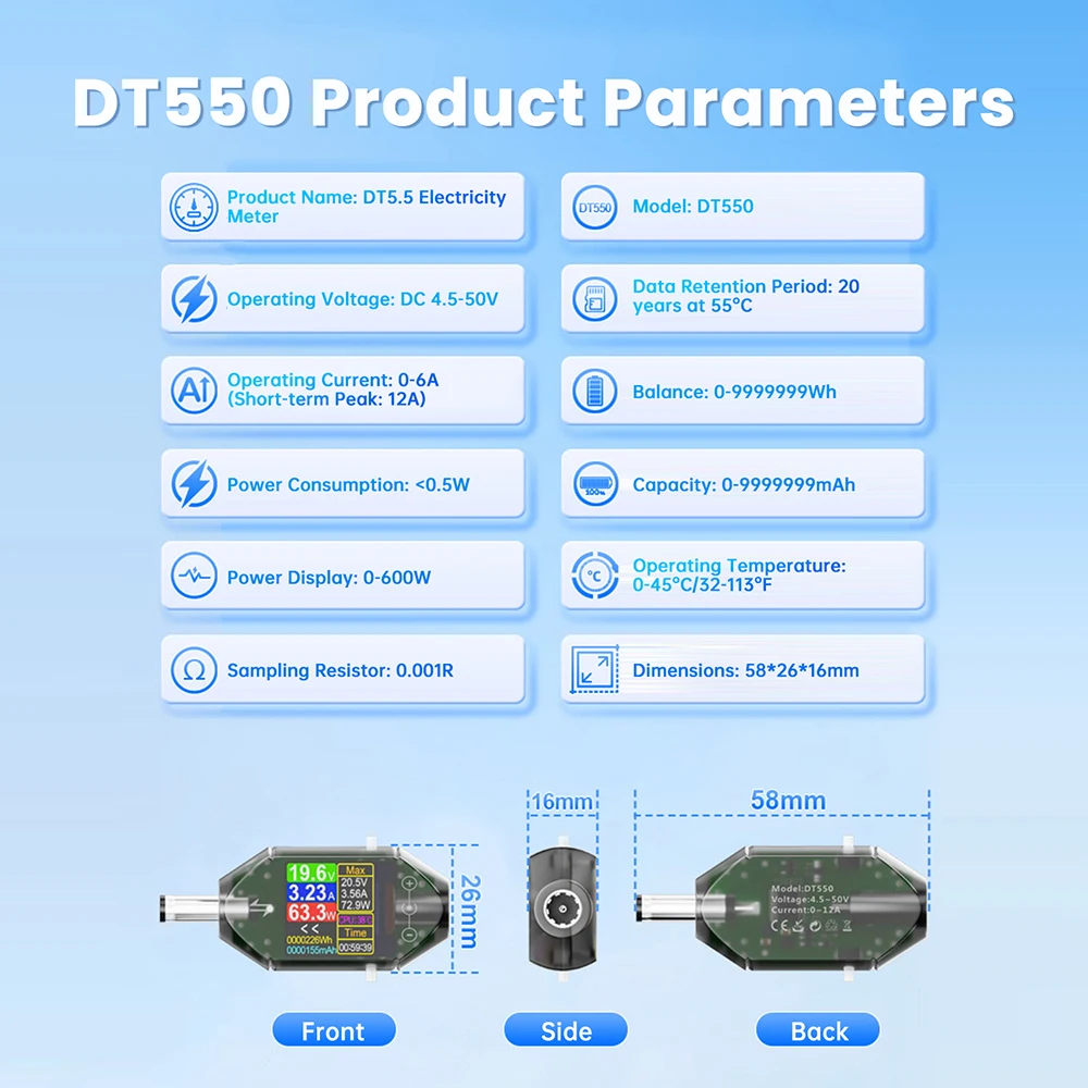 DT550 DC 전압 테스터 전력계 고정밀 전압 전류 테스터 디지털 전압계 전류계 전력계 DC 5.5*2.5용
