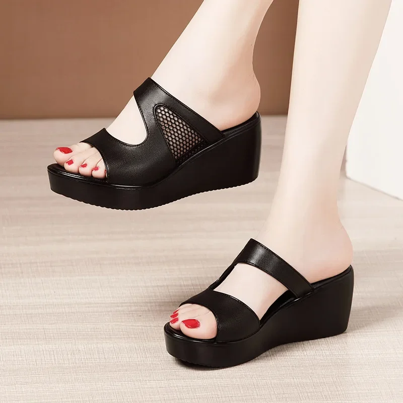 

Plus Size 33-43 Platform Wedges Shoes Women Slippers Summer 2023 Cutout High Heels Slides Ladies Office Shoes Leather Slippers