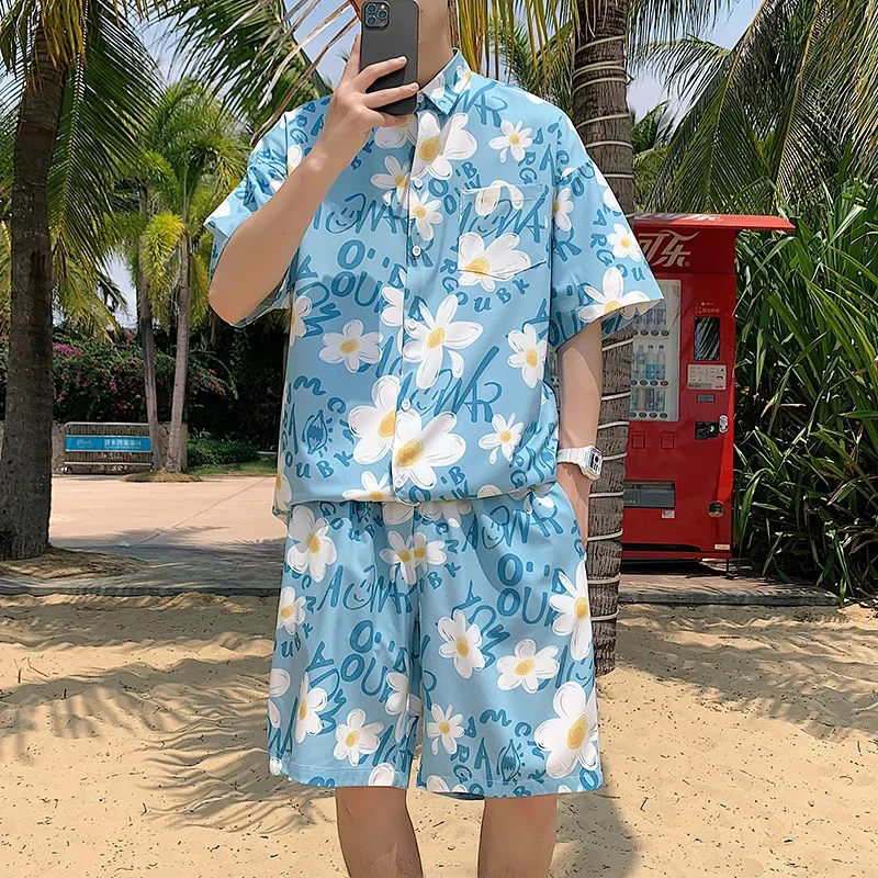 New Summer Men Sets Graffiti Floral Printing Short Sleeve Shirt with Shorts Thin Oversized Beach Suit Man