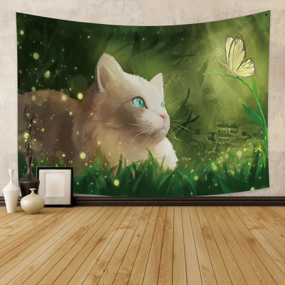 

Kawaii Cat Playing Butterfly Tapestry Wall Hanging Grass Firefly Tapestry Decoration Art for Bedroom Living Room Dorm Home Decor