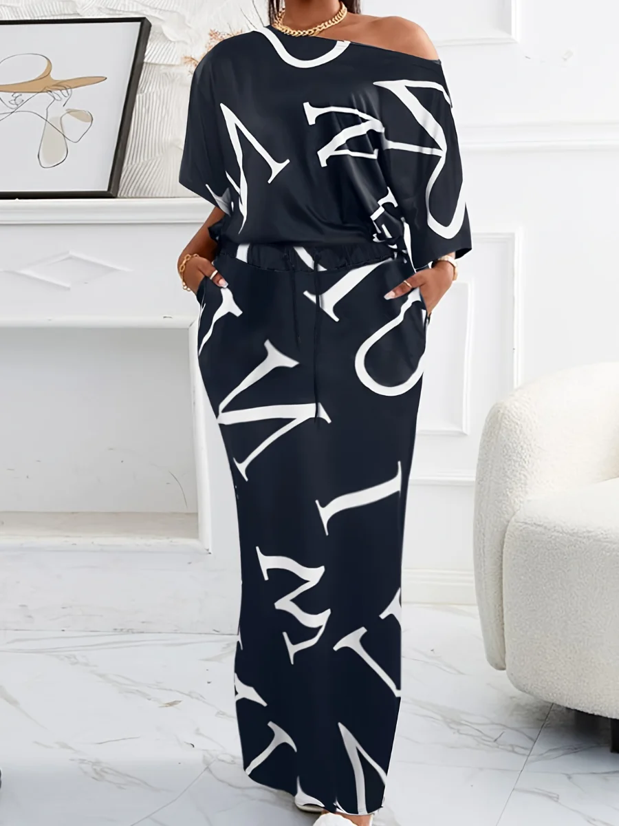 Elegant One Shoulder Letter Print Skirt Set 2025 Autumn Winter Women's Suits Long Sleeve Two Pieces Outfits