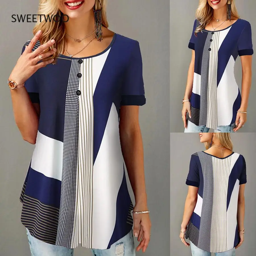 

2022 new women's pullover print loose round neck button short-sleeved T-shirt