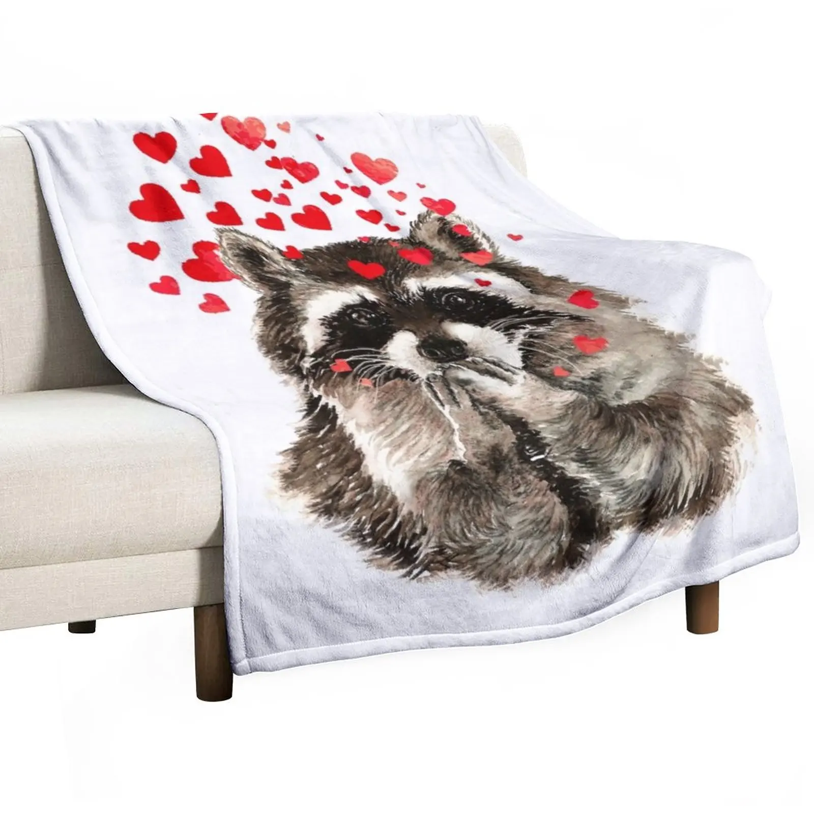 

Cute Watercolor Raccoon Blowing Kisses & Hearts Throw Blanket Decorative Sofa Blanket Stuffed Blankets