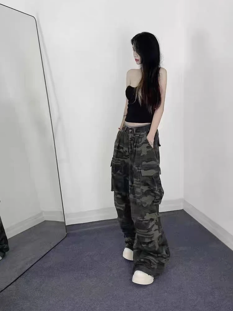 American High Street Retro Large ket Wide Leg Waed Camouflage Jeans Loose Straight Long Pants for Men And Women Casual L...