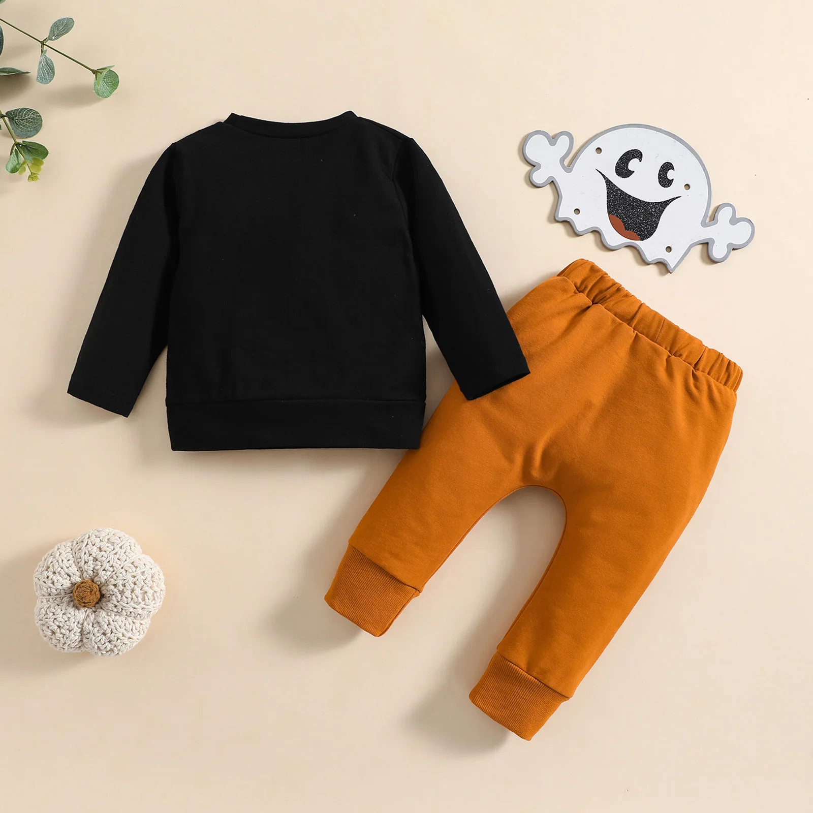 -07-07 Lioraitiin Baby Boys Halloween Pants Set, Long Sleeve Crew Neck Letters/Skeleton Print T-shirt with Pants