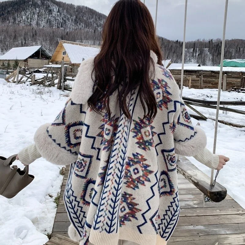 Ethnic Style Poncho Jacket Women Casual Warm Cape Outwear Fall