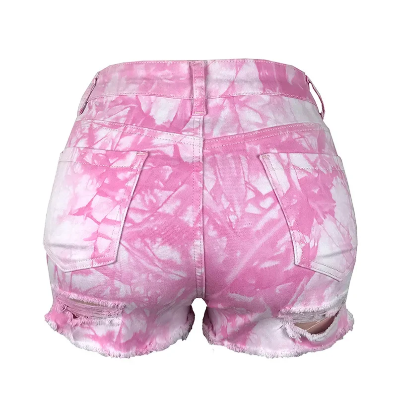 Pink Tie-dye Spring and Summer New Fashion Sexy Stretch Casual Personality Ripped Fringed Ladies Denim Shorts Women's Clothing