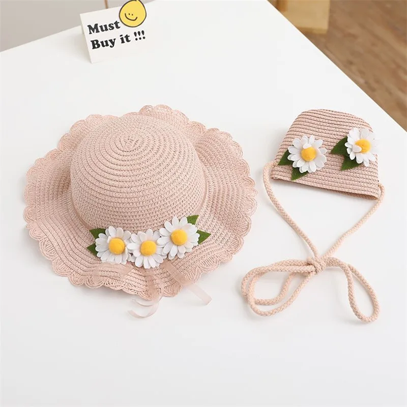 1 Pcs Summer Straw Hats Girls Flower Wide Brim Hat And Shoulder Bag Set Princess Beach Travel Sun Protection Fisherman Caps