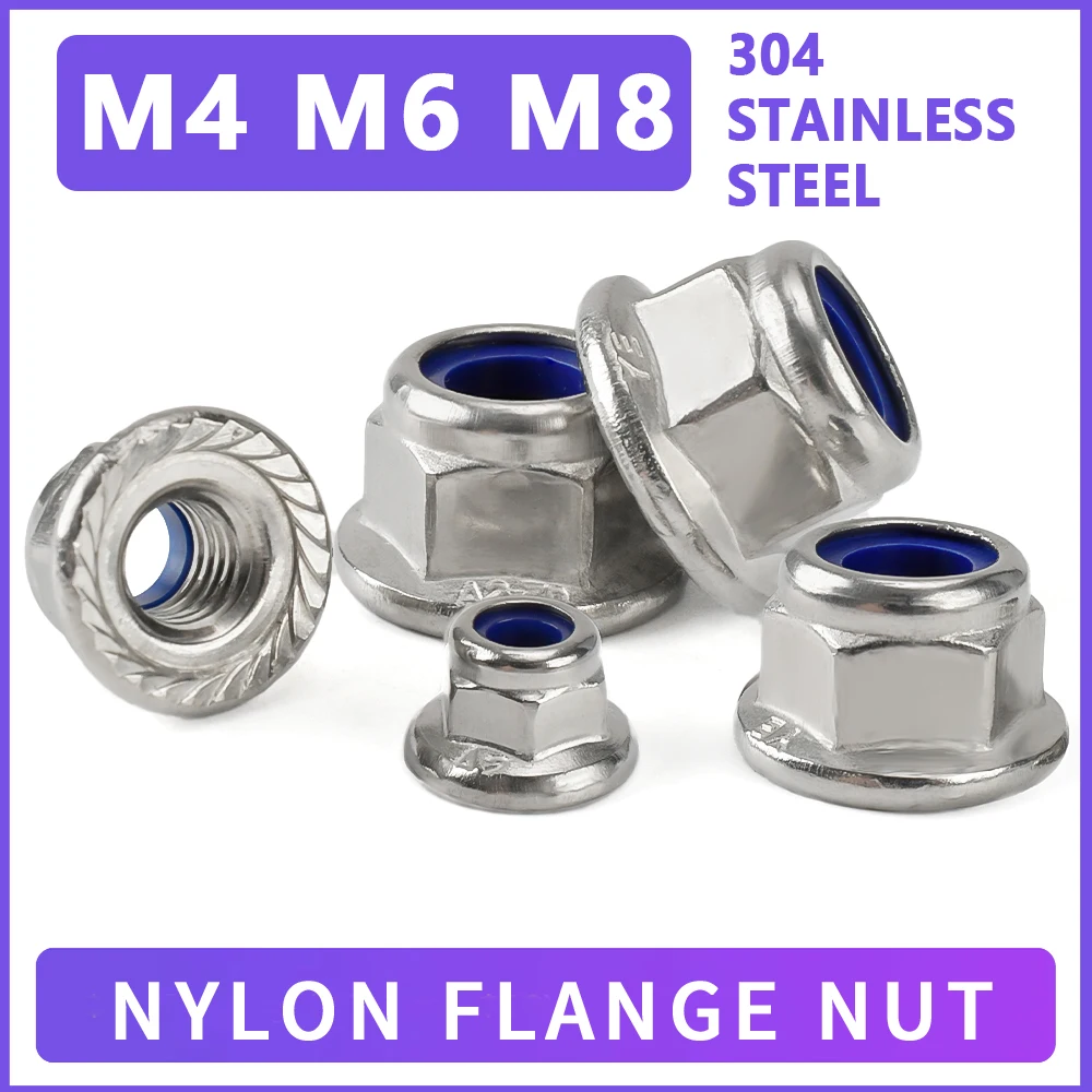 Hex Flange Nylon Insert Lock Nut 5-30pcs M4 M6 M8 304 Stainless Steel Hexagon Flange Self-locking Nylock Locknuts Serrated teeth screw bolt nut set,hex nuts assortment kit