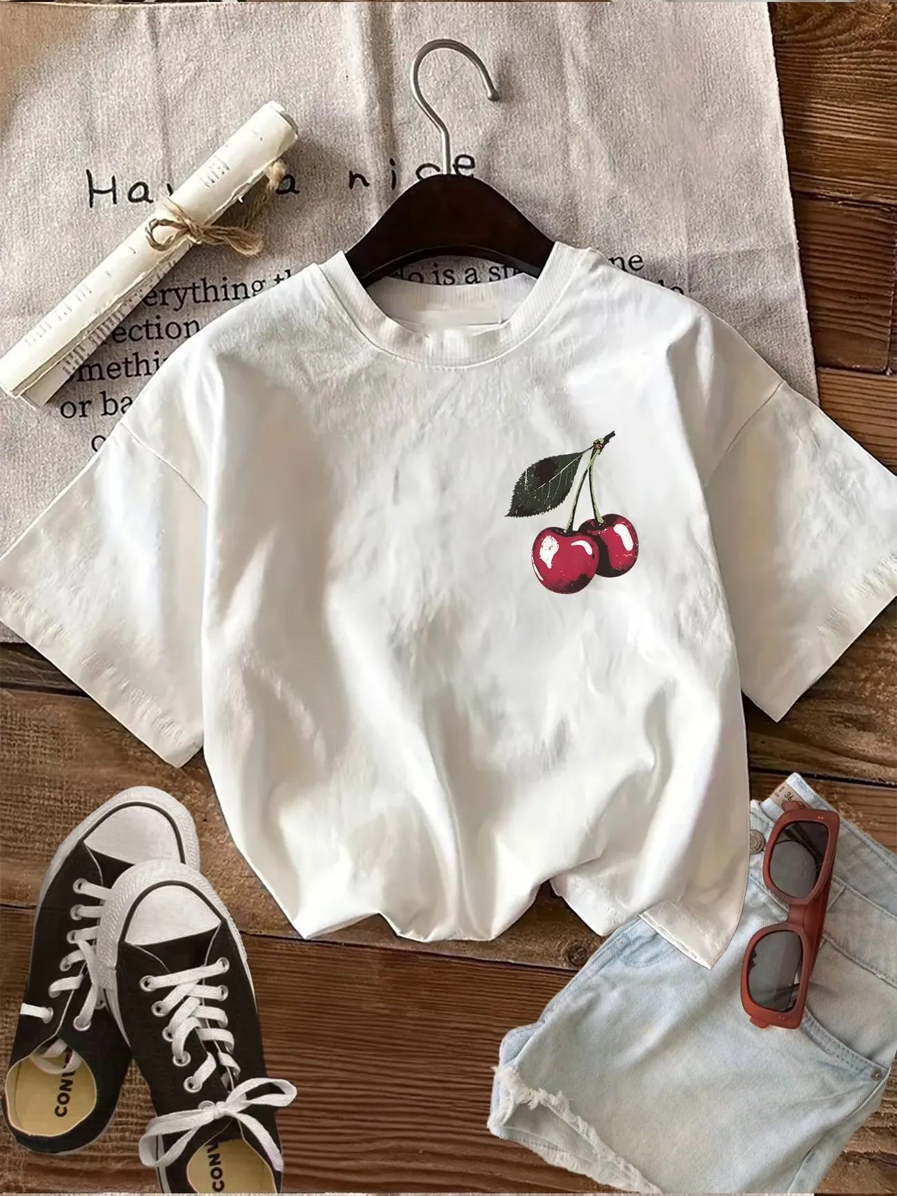 Vintage-Inspired Retro Cherry Graphic Tee - 100% Cotton Women's T-Shirt with Crew Neck & Short Sleeves