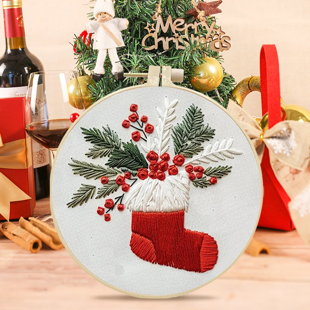 Christmas Embroidery Starter Kit with Pattern and Instructions for Beginners with Embroidery Hoop Color Threads and Needles