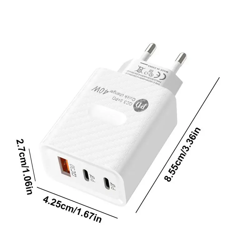 Phone Charger Block Travel Charger Charging Block Type C Adapter 40W Travel Plug Adapter Fast Charging 3-Port Wall Charger For