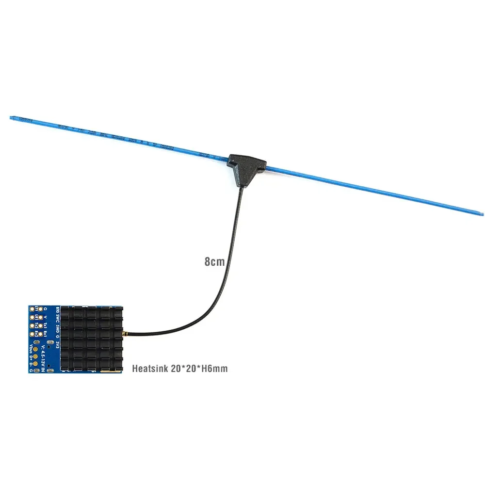 Vue d'ensemble du module mLRS 900MHz 30dBm pour drone FPV, incluant l'emballage et les accessoires fournis.
