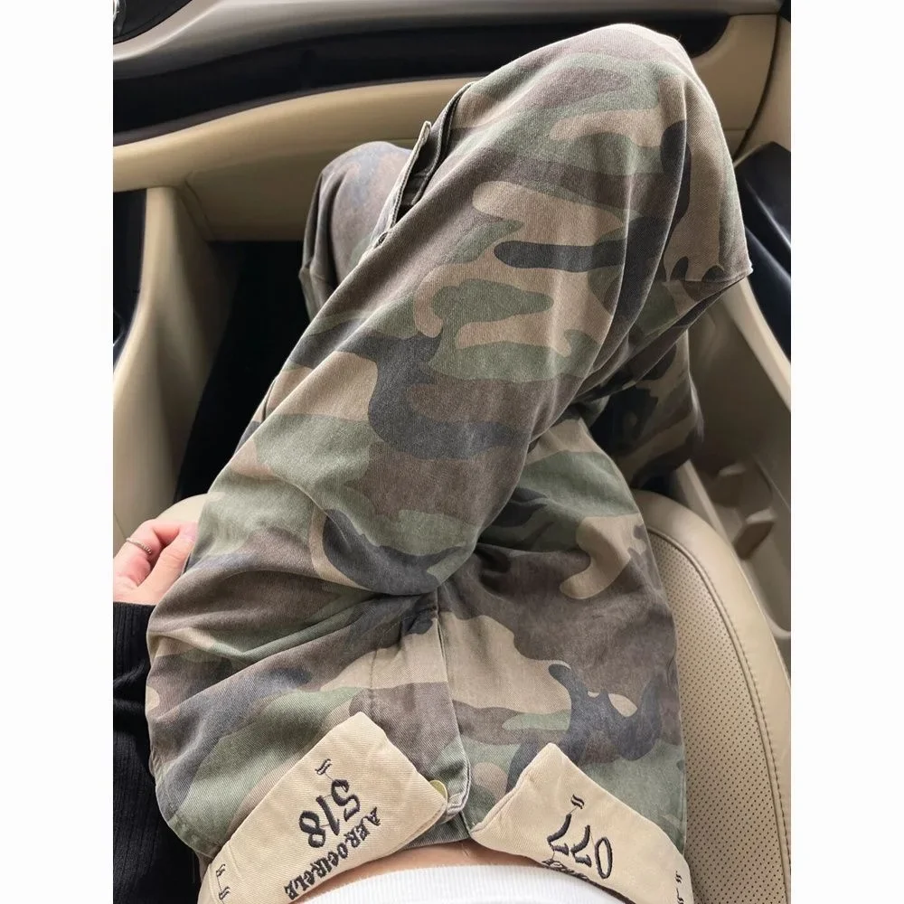 Woman American Spice Girls Camouflage Work Jeans Women Summer Flap High Street Design High Waist Straight Thin Wide Leg Trousers 5