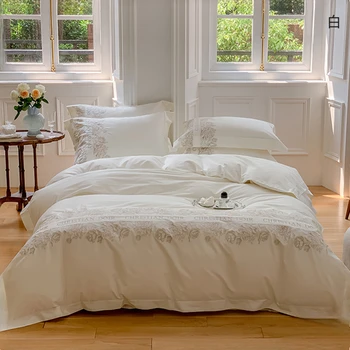 100 Count Long Staple Cotton Bedding Set Plant Flower Patterns Embroidered Duvet Cover TwinFull QueenSize Bed Sheet Fitted Sheet 1