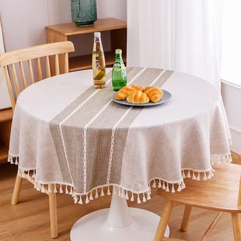 Cotton and linen tassel lace round dining table coffee table tablecloth