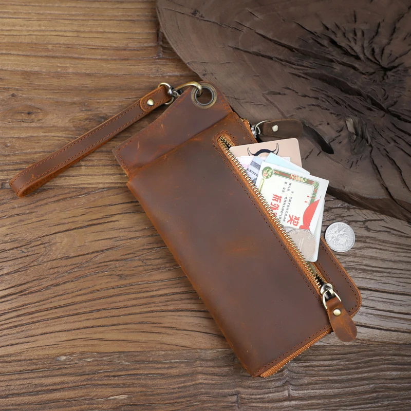 Retro Crazy Horse Leather Clutch Bag Genuine Leather Card Slot Long Wallet Multi-function Card Holder Zipper Coin Purse Handbag