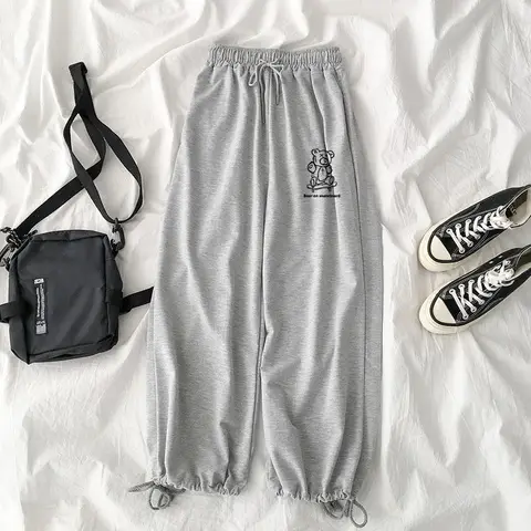 Harajuku Bear Print Gray Joggers Sports Pants Women Oversize Black Jogging Sweatpants Korean Fashion Wide Leg Trousers
