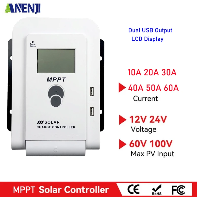 Regolatore Solare Mppt 20A 40A 60A Ingresso Fotovoltaico 100Vdc Regolatore Di Carica Solare Per 12V 24V Auto Acid Lithium Lifepo4 Gel Sld Dual Usb