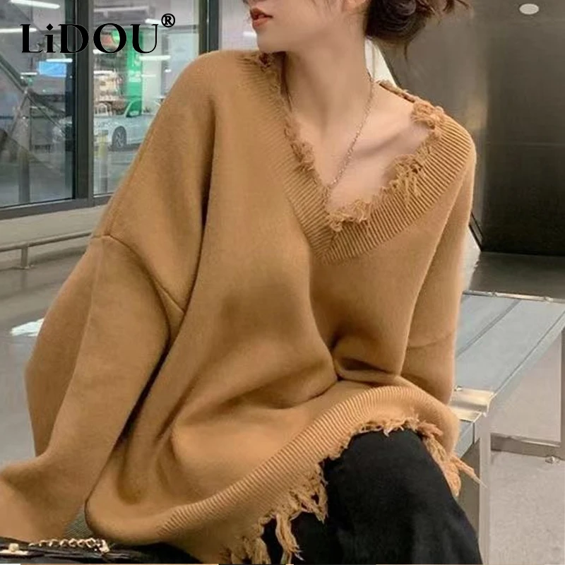 

Autumn Winter New Solid Color Fashion Long Sleeve Sweater Women High Street Casual Loose Pullovers Oversize Tassel All-match Top