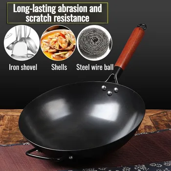 Kitchen uncoated old-fashioned iron pot Household stir fry pan rust proof round bottom non stick pan