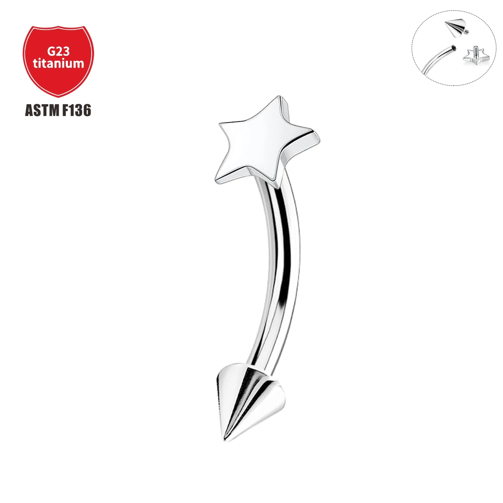 

1 Pcs F136 Titanium Eyebrow Staple Star Pointed Taper Curved Bar Internal Thread 16G Ear Stud Lip Staple Body Piercing Jewelry