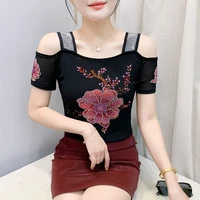 High Quality Summer Slim Sweet Girls T-Shirt Shiny Flower Design Hot Diamonds Tops Women's Brand Clothes Sexy Tees